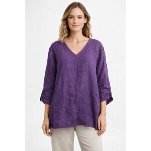 FLAX‎ 100% Linen Tunic Top Purple V-Neck 3/4 Sleeve L | Lagenlook Artsy